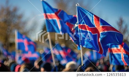 waving Icelandic flags, Iceland Independence Day celebrations, street parade, national procession 126535813