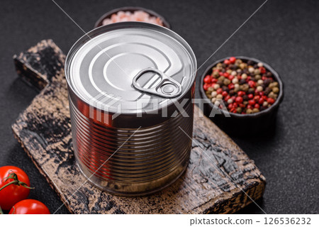 Metal cylindrical can with canned food 126536232