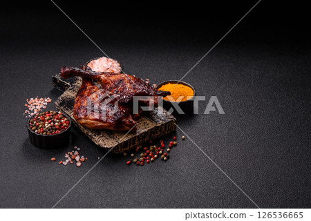 Duck, chicken leg or thigh grilled on a dark concrete background Duck, chicken leg or thigh grilled on a dark concrete background 126536665
