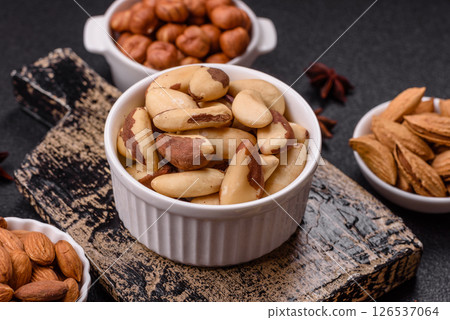 Brazil nut kernels in ceramic bowl Brazil nut kernels in ceramic bowl 126537064