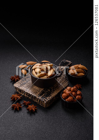 Brazil nut kernels in ceramic bowl 126537081