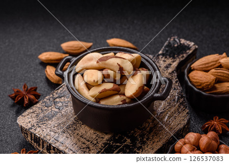 Brazil nut kernels in ceramic bowl Brazil nut kernels in ceramic bowl 126537083
