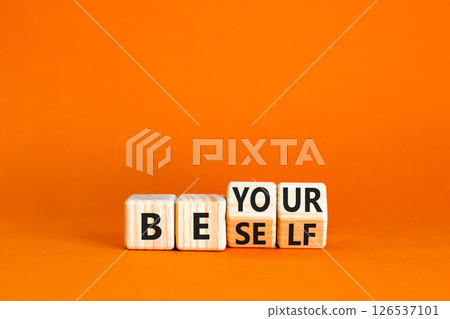 Motivational be yourself symbol. Concept words Be yourself on beautiful wooden block. Beautiful orange table orange background. Business motivational be yourself concept. Copy space. Motivational be yourself symbol. Concept words Be yourself on beautiful wooden block. Beautiful orange table orange background. Business motivational be yourself concept. Copy space. 126537101