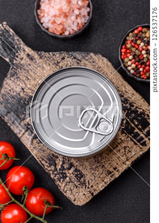 Metal cylindrical can with canned food 126537176