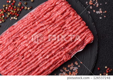 Raw ground beef or pork with salt and spices Raw ground beef or pork with salt and spices 126537248