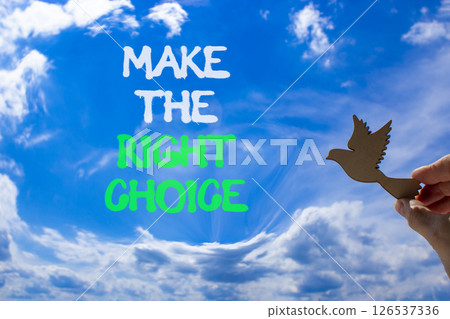 Make the right choice symbol. Concept words phrase Make the right choice on beautiful blue sky. Businessman's hand. Beautiful blue sky background. Business Make the right choice concept. Copy space. 126537336