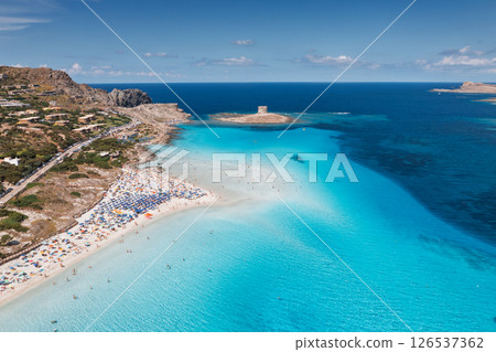 Aerial view of famous La Pelosa beach at sunny summer day 126537362