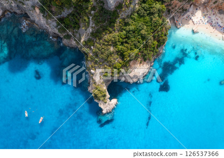 Top drone view of boats and yacths in transparent azure water 126537366