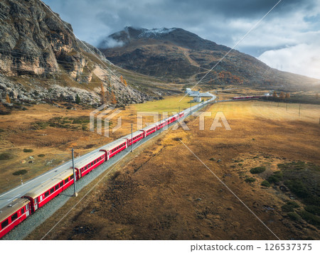 Aerial view of modern red train, alpine mountains, orange meadows 126537375