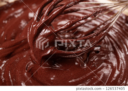 a bowl of chocolate dough, a whisk for whipping, baking, structure and consistency, homemade, top view, no people, a bowl of chocolate dough, a whisk for whipping, baking, structure and consistency, homemade, top view, no people, 126537405