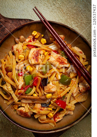 fried noodles with chicken meat and vegetables, Bami Goreng, Indonesian dish, no people, fried noodles with chicken meat and vegetables, Bami Goreng, Indonesian dish, no people, 126537437