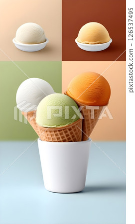 A modern and minimalist ice cream composition featuring different flavors presented in both ceramic bowls and waffle cones against a color-blocked background. A modern and minimalist ice cream composition featuring different flavors presented in both ceramic bowls and waffle cones against a color-blocked background. 126537495