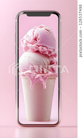 A modern composition featuring a smartphone displaying a strawberry ice cream cone image against a pink background. The ice cream appears to be melting and dripping down the white paper cup. A modern composition featuring a smartphone displaying a strawberry ice cream cone image against a pink background. The ice cream appears to be melting and dripping down the white paper cup. 126537498