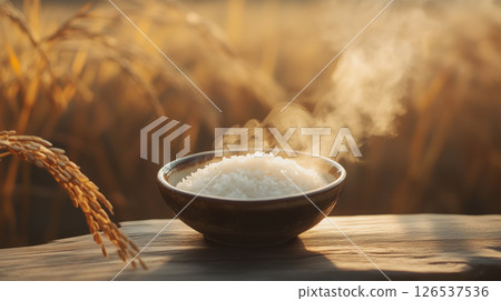 Still life of harvested rice and a bowl of rice 126537536