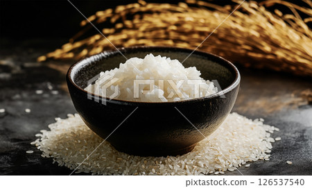 Freshly cooked rice and ears of rice placed on top of raw rice 126537540