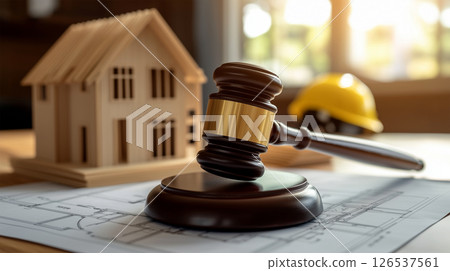 Gavel and model house symbolizing construction and real estate law 126537561