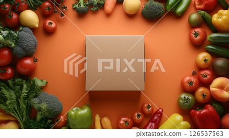 Food box presentation surrounded by fresh vegetables and fruits 126537563