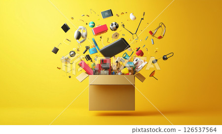 Images of modern consumption with products popping out of cardboard boxes 126537564