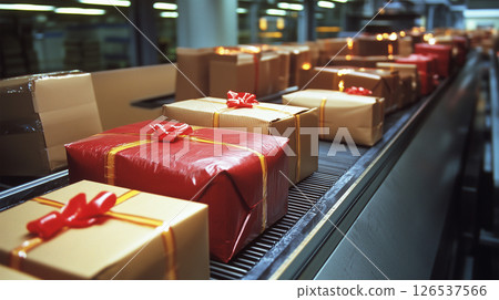 Packages moving on a conveyor at a distribution center 126537566