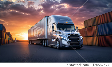 Container trucks parked at the port and cargo transportation 126537577