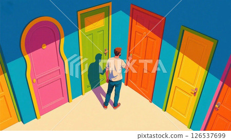 Illustration of a man trying to open one door in front of multiple doors 126537699