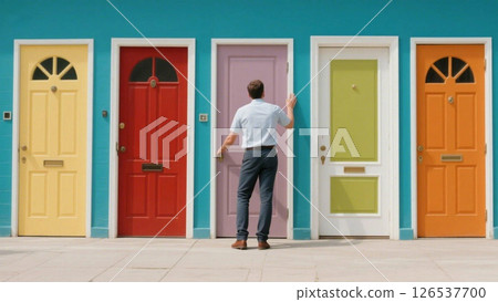 Man trying to open one door out of five 126537700