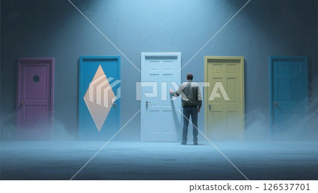 A man trying to choose one door from multiple doors A man worried about his future 126537701
