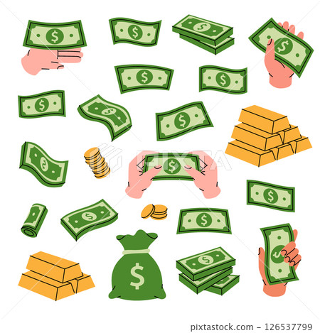 Money set. Flying cash, green banknotes, stack of money, dollar bills, gold coins and bars. Money investment concept. Cash paper currency. 126537799