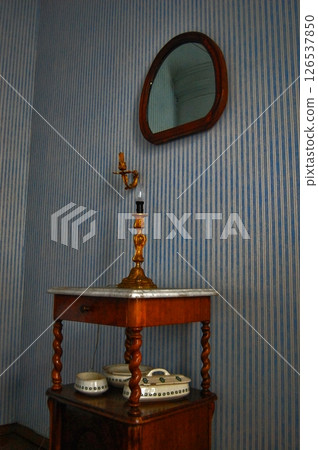 Antique wooden nightstand with marble top and mirror 126537850
