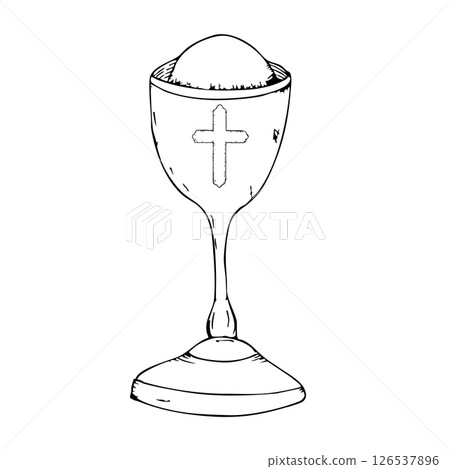 Holy communion illustartion with chalice and host symbol for religious ceremony design. Black outlines, white background. Religious theme first communion. Graphic art. For baptism, wedding invitation Holy communion illustartion with chalice and host symbol for religious ceremony design. Black outlines, white background. Religious theme first communion. Graphic art. For baptism, wedding invitation 126537896