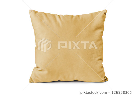Decorative yellow velvet rectangular pillow for sleeping and resting isolated on white background 126538365