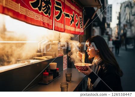 一位女士正在品嚐熱氣騰騰的拉麵 一位女士正在品嚐熱氣騰騰的拉麵 126538447