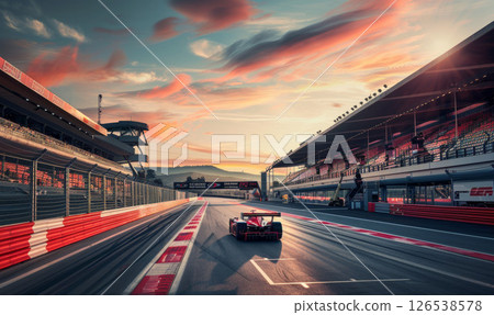 Race car speeding on a track, thrill of motorsport competitions. Perfect for themes of speed, automotive innovation, and high-performance sports events. 126538578