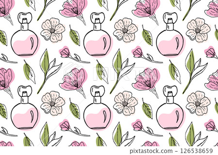 Cherry blossom and pink perfume bottle vector seamless pattern. Oriental culture, Sakura blossom, background for banners of cosmetology salon, perfume store, packaging, fabrics. 126538659