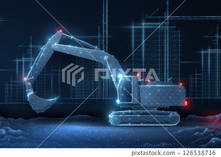 Digital construction site sketch with excavator. Building 3D Printing, Building Information Modeling 126538716