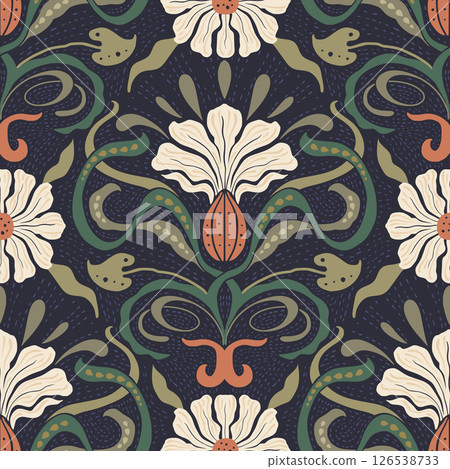 Art Nouveau Vintage Pattern Seamless Flower Butterfly Motif Antique Baroque Bohemian Background 126538733