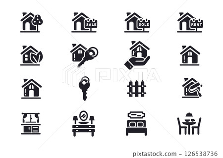 Black And White Real Estate Icons Set For Property Transactions, Rentals, And Interior Design 126538736