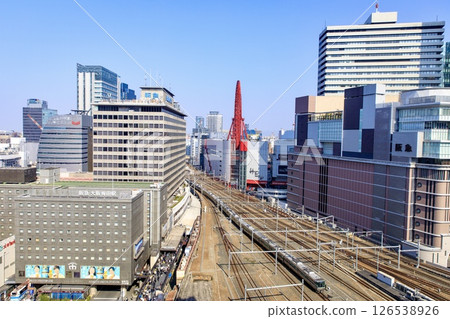 JR Kyoto Line 223 Series Special Rapid Train running near Osaka Station JR Kyoto Line 223 Series Special Rapid Train running near Osaka Station 126538926
