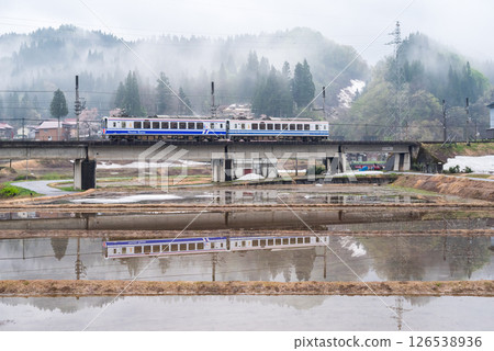 [Hokuhoku Line] A train passing through rice fields and a sea of clouds in the early morning 126538936