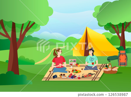Girls relaxing in nature with a tent. Weekend in the forest. Picnic in the meadow. Picnic blanket and basket with food. Wine, bread, baguette and fruits. Wine glasses and cups. Containers with food Girls relaxing in nature with a tent. Weekend in the forest. Picnic in the meadow. Picnic blanket and basket with food. Wine, bread, baguette and fruits. Wine glasses and cups. Containers with food 126538987