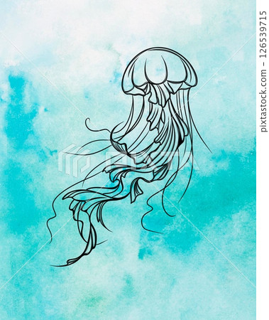 Sketch of jellyfish on a turquoise watercolor background. Hand drawn illustration. Detailed sketch of ellifish template for print. Sketch of jellyfish on a turquoise watercolor background. Hand drawn illustration. Detailed sketch of ellifish template for print. 126539715