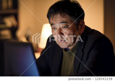 A man working on a computer on a quiet night 126541239