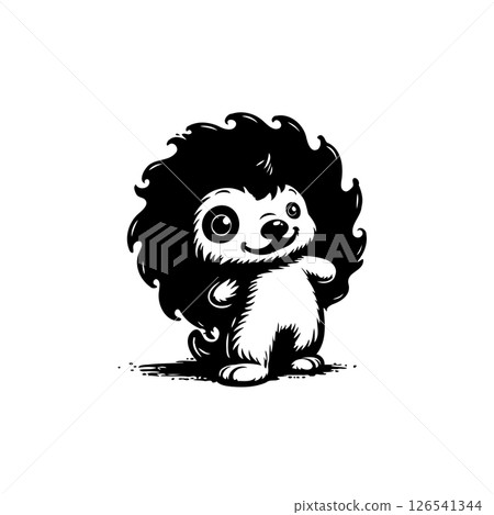 Enchanting monochrome illustration of a whimsical hedgehog character with big eyes 126541344
