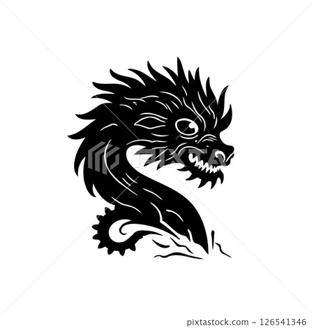 Monochromatic depiction of a stylized serpentine dragon, mystical beast Monochromatic depiction of a stylized serpentine dragon, mystical beast 126541346