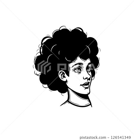 Stylized portrait showcasing a person with expressive features and distinct curly hair Stylized portrait showcasing a person with expressive features and distinct curly hair 126541349