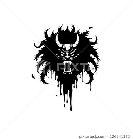 Menacing horned creature graphic portrait on white background with dripping paint Menacing horned creature graphic portrait on white background with dripping paint 126541373