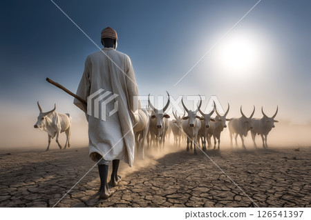 A tribesman stands among a herd of cattle in an open landscape. The concept of indigenous lifestyle, harmony with nature, pastoral culture, and ancestral heritage. Generative AI. 126541397