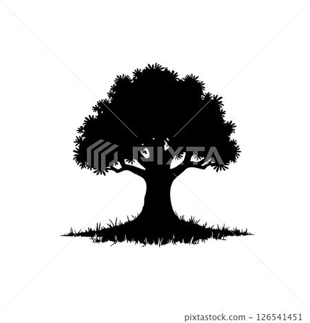 Elegant silhouette of a majestic tree with grassy base against a stark white backdrop Elegant silhouette of a majestic tree with grassy base against a stark white backdrop 126541451