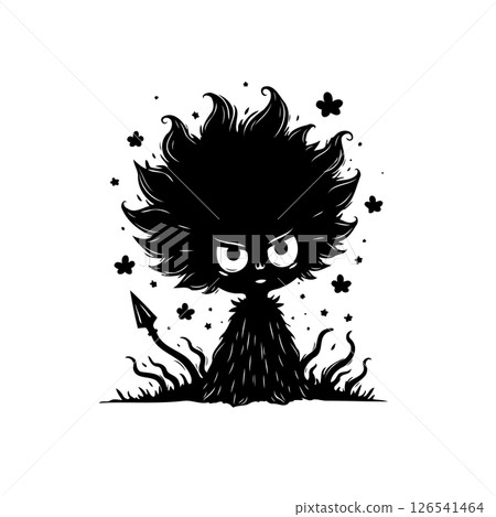 Monochrome whimsical character illustration with a playful, slightly mischievous aura 126541464
