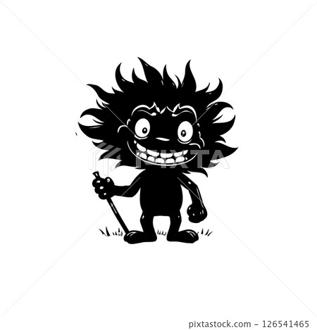 Whimsical forest sprite illustration with playful grin and walking stick 126541465